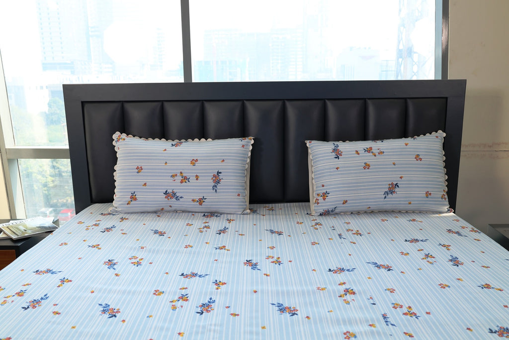 Premium Striped Floral Printed Cotton-Poly Bed Sheet Set