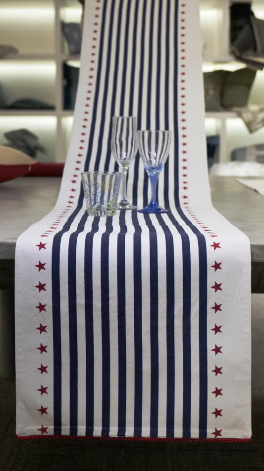 Festive Stripes & Stars Cotton Canvas Table Runner