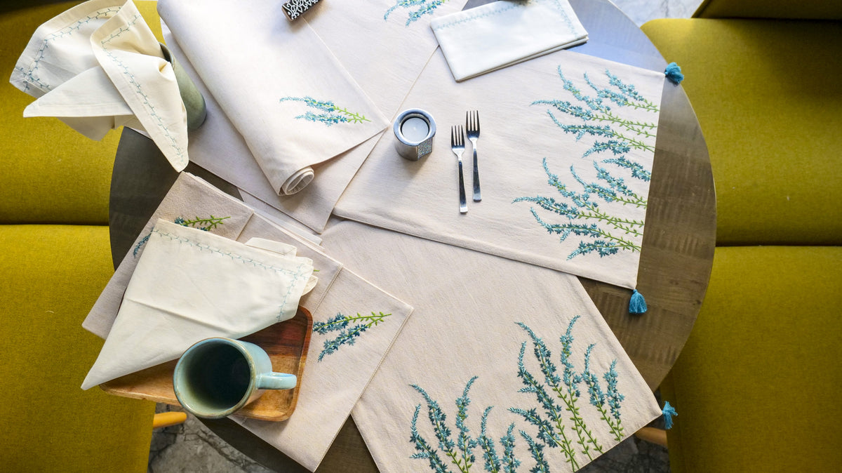 Cotton Linen Natural Embroidered Table Set Linen Blend