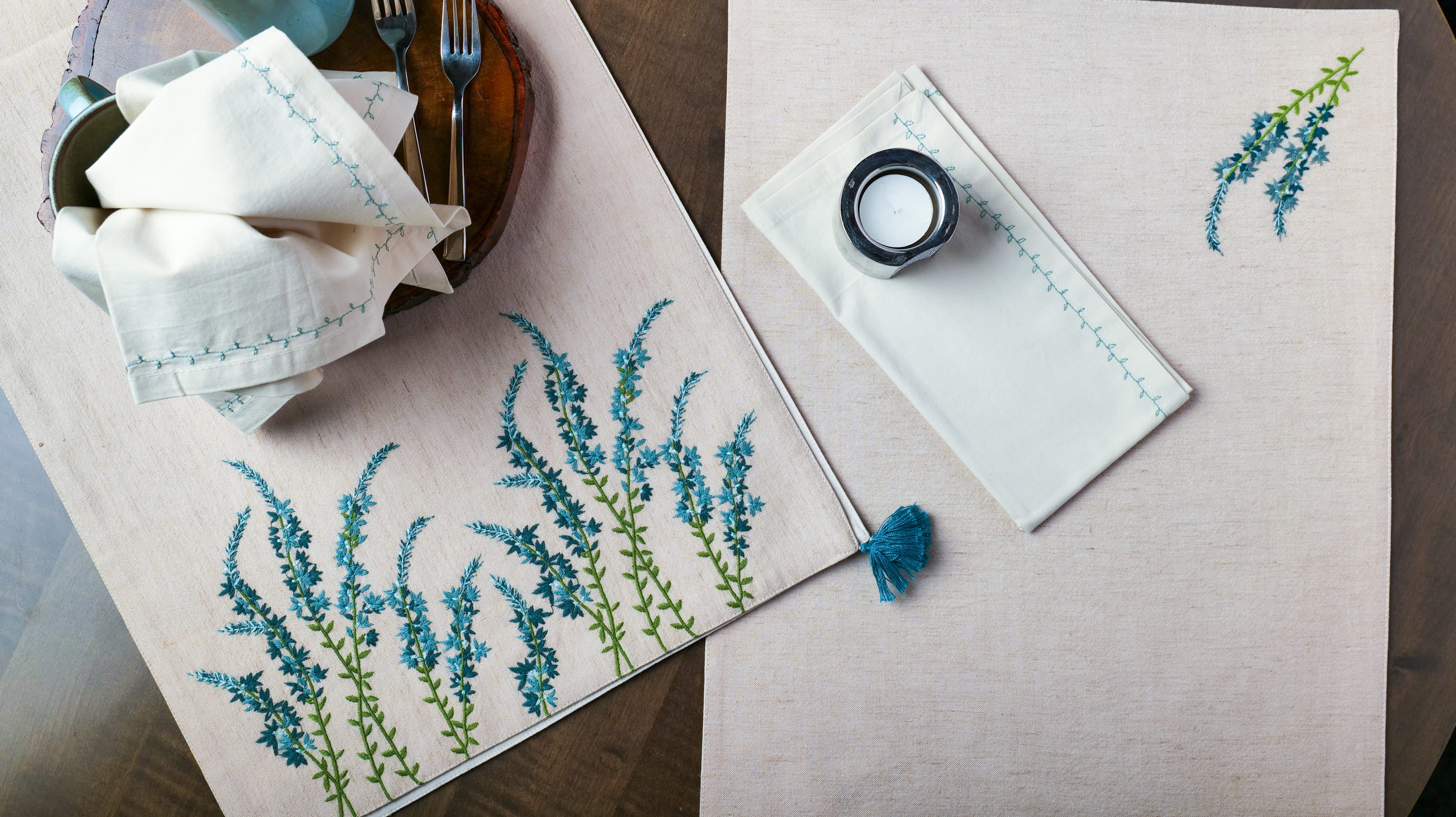 Cotton Linen Natural Embroidered Table Set Linen Blend