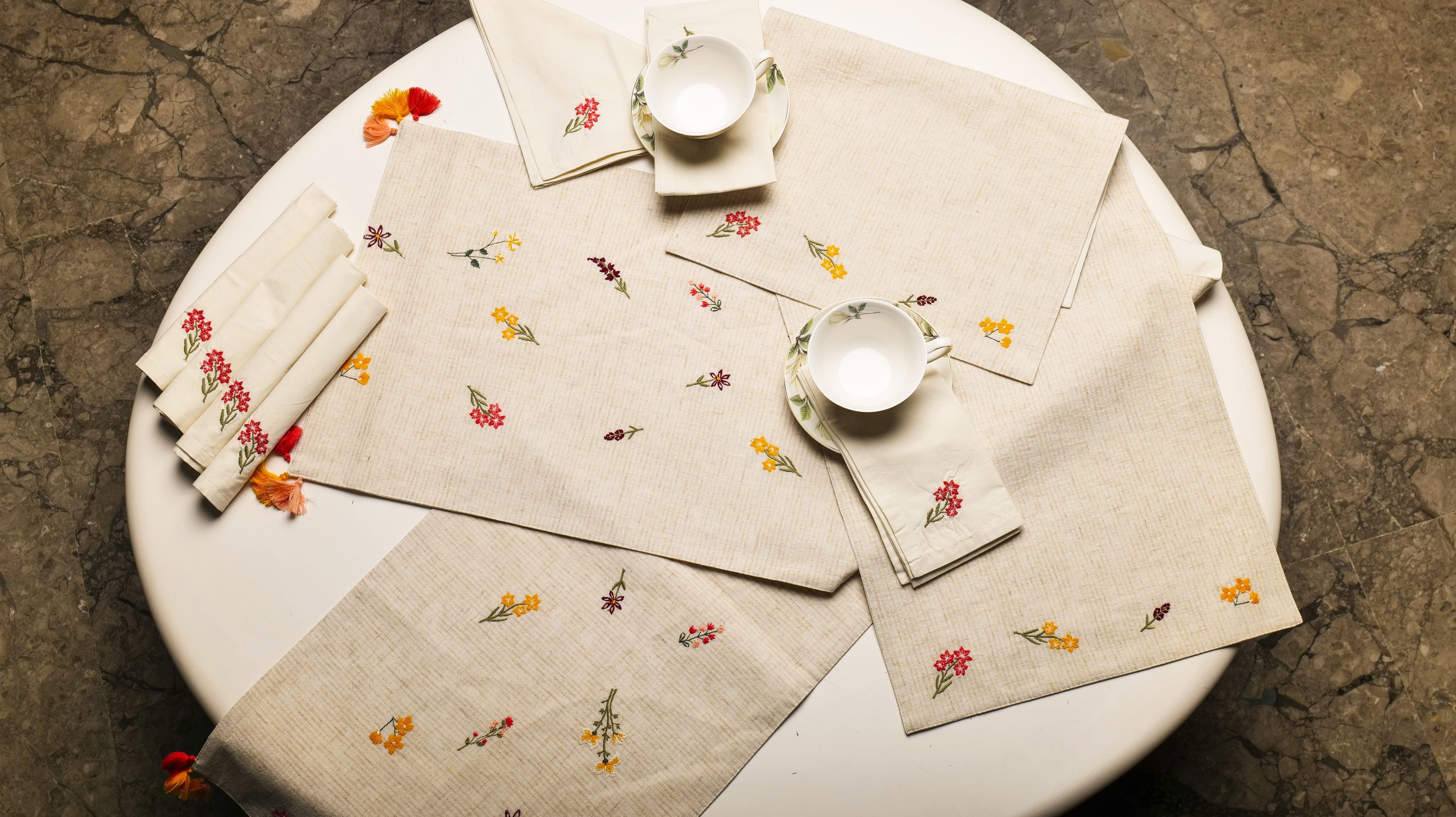 Cotton Linen Natural Embroidered Table Set Linen Blend