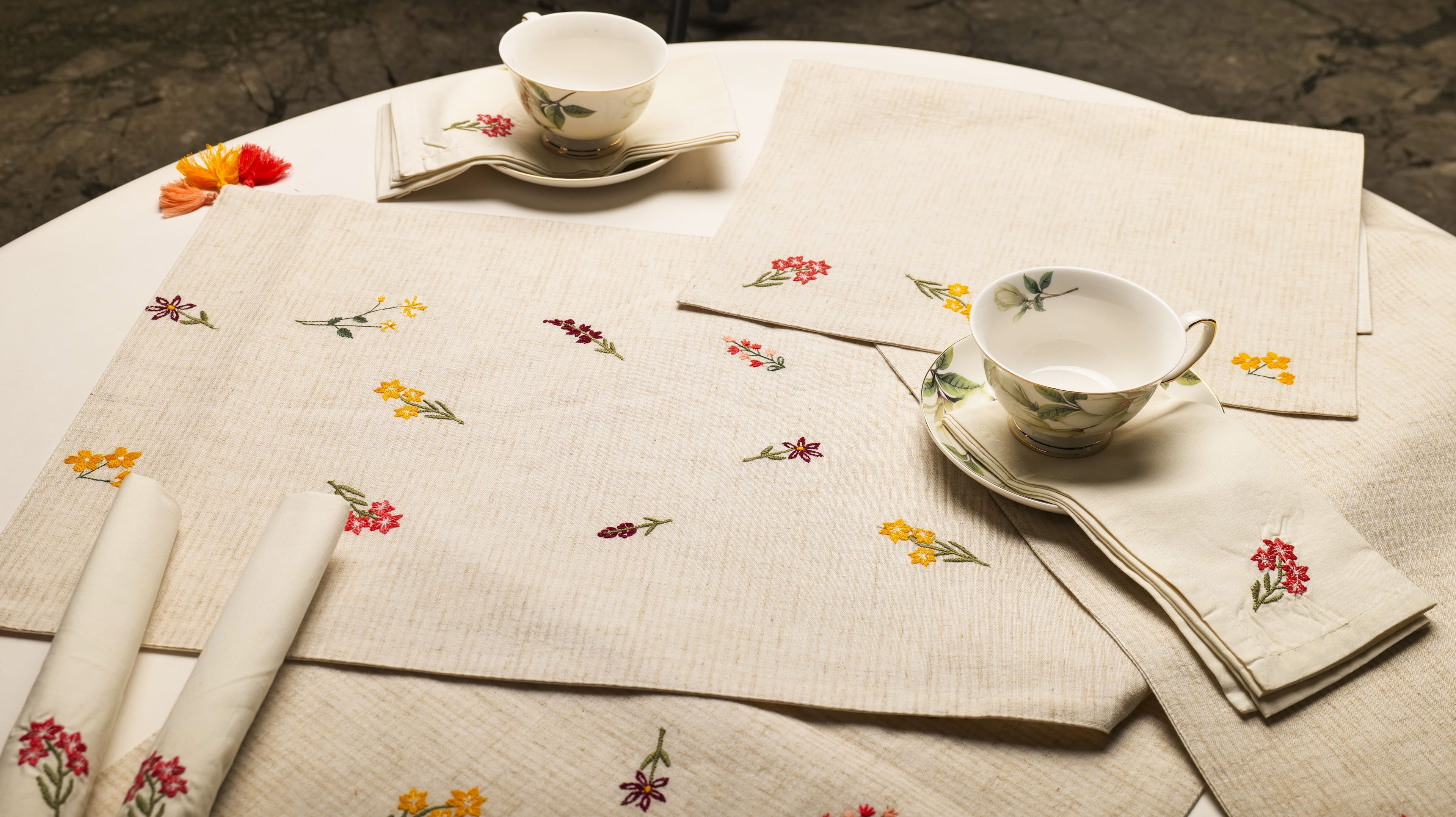 Cotton Linen Natural Embroidered Table Set Linen Blend