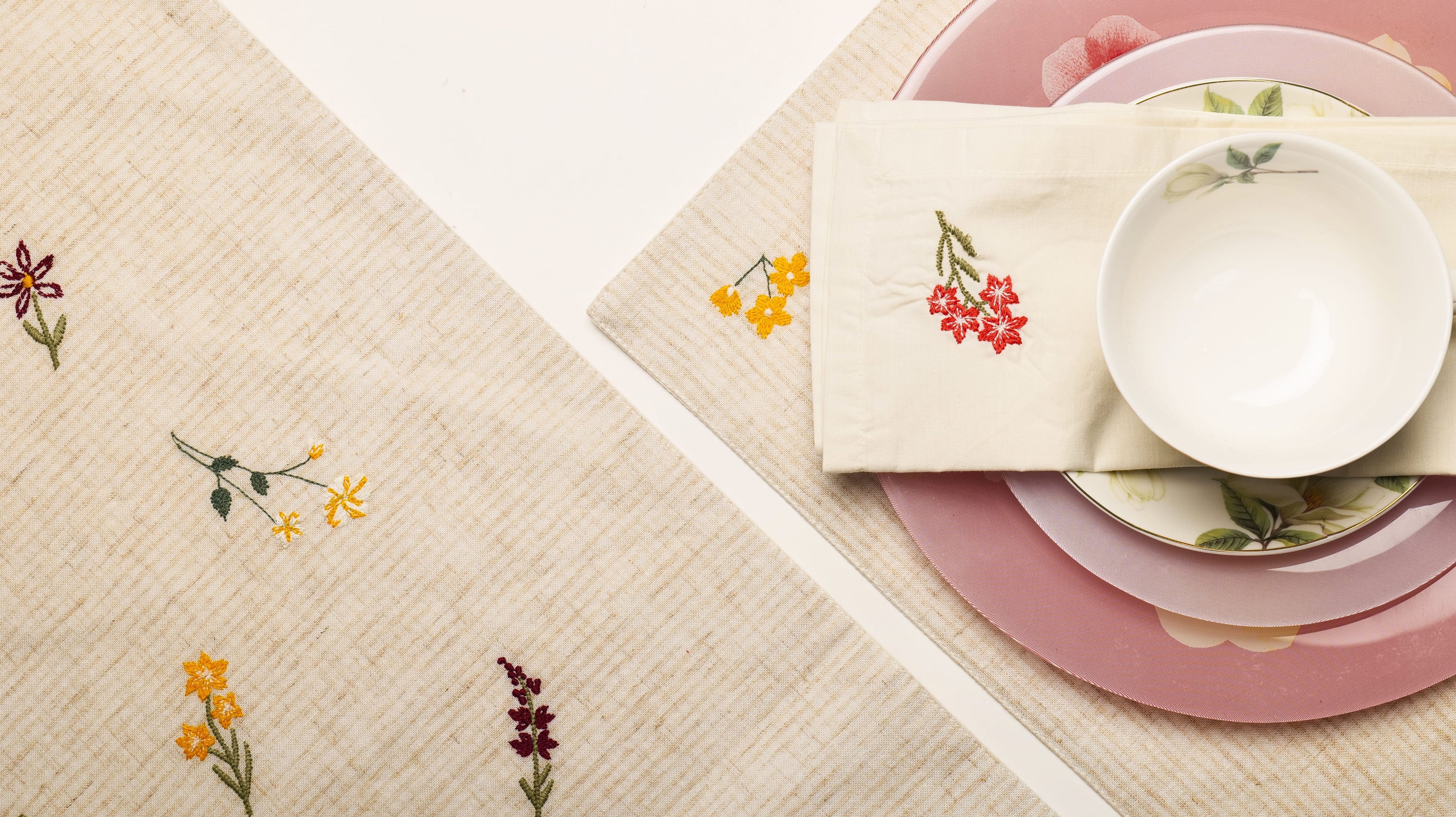 Cotton Linen Natural Embroidered Table Set Linen Blend