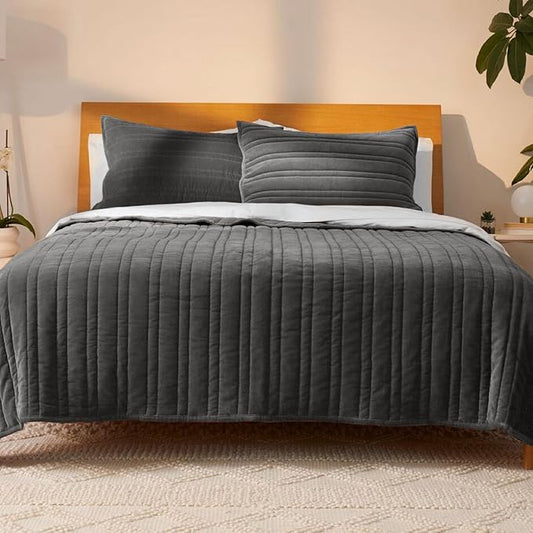 Ecrue Premium Grey Cotton Velvet Vertical Quilted Quilt Set2x96''