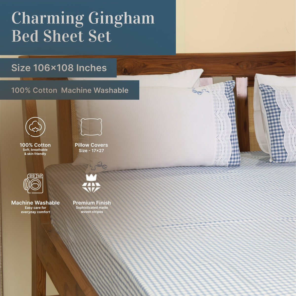 EcruE Charming Gingham Check Embroidered Lace 100% Cotton Bed Sheet Set – Soft, Breathable & Premium Comfort