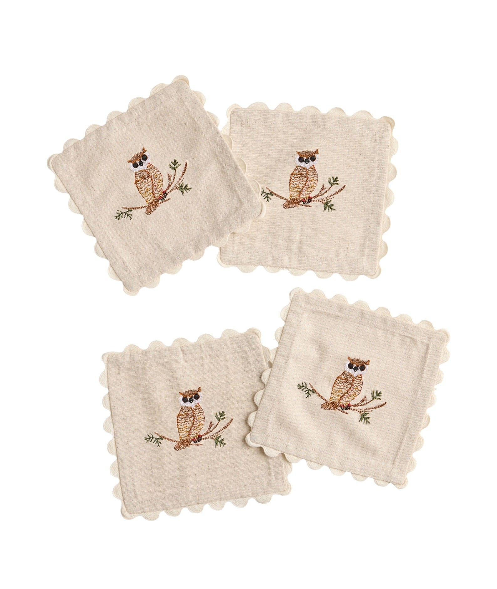 Sage Owl Embroidered Linen Coaster Set Pack Of 04pieces