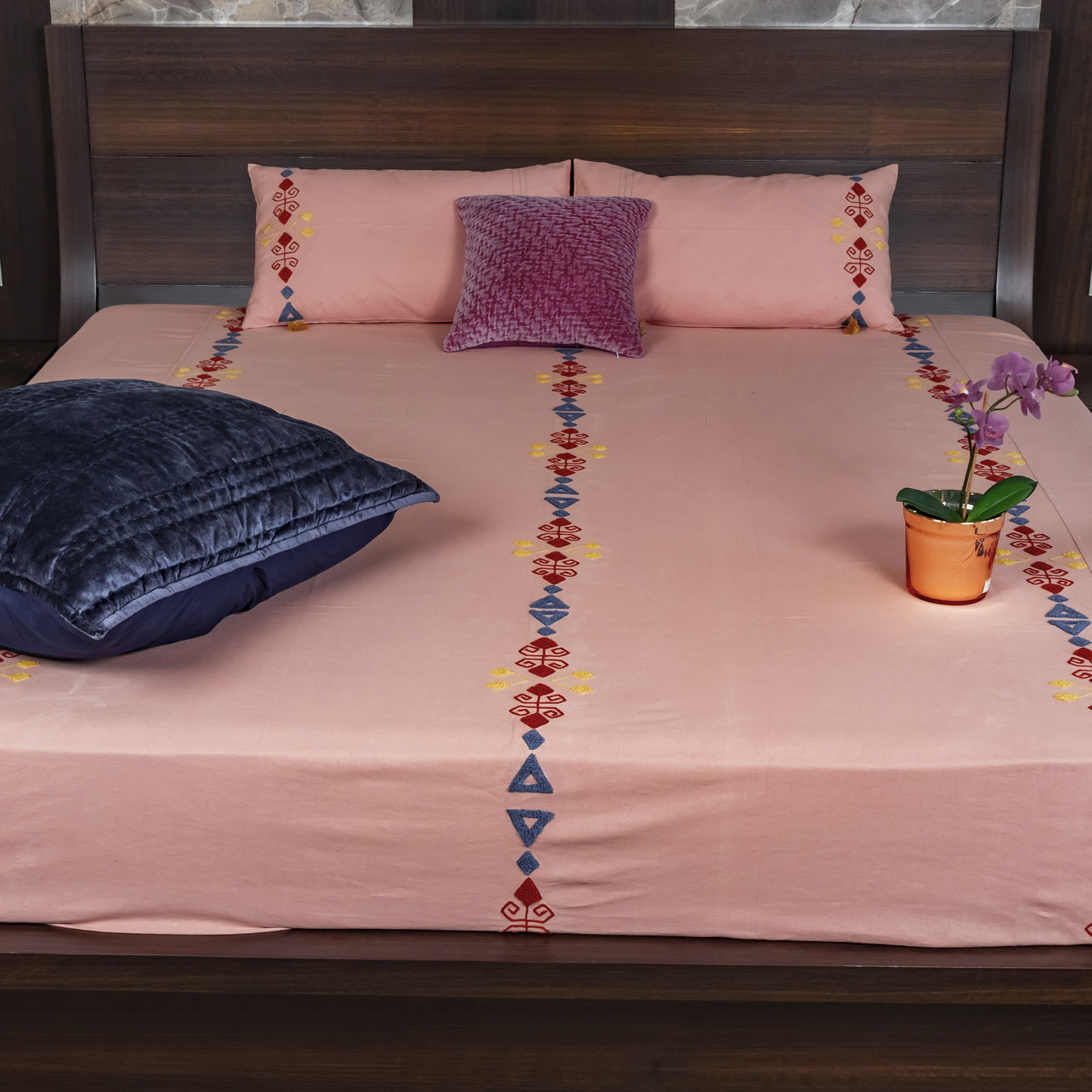 Smooth Peach Geometrical Embroidered Bed Cover EcruE