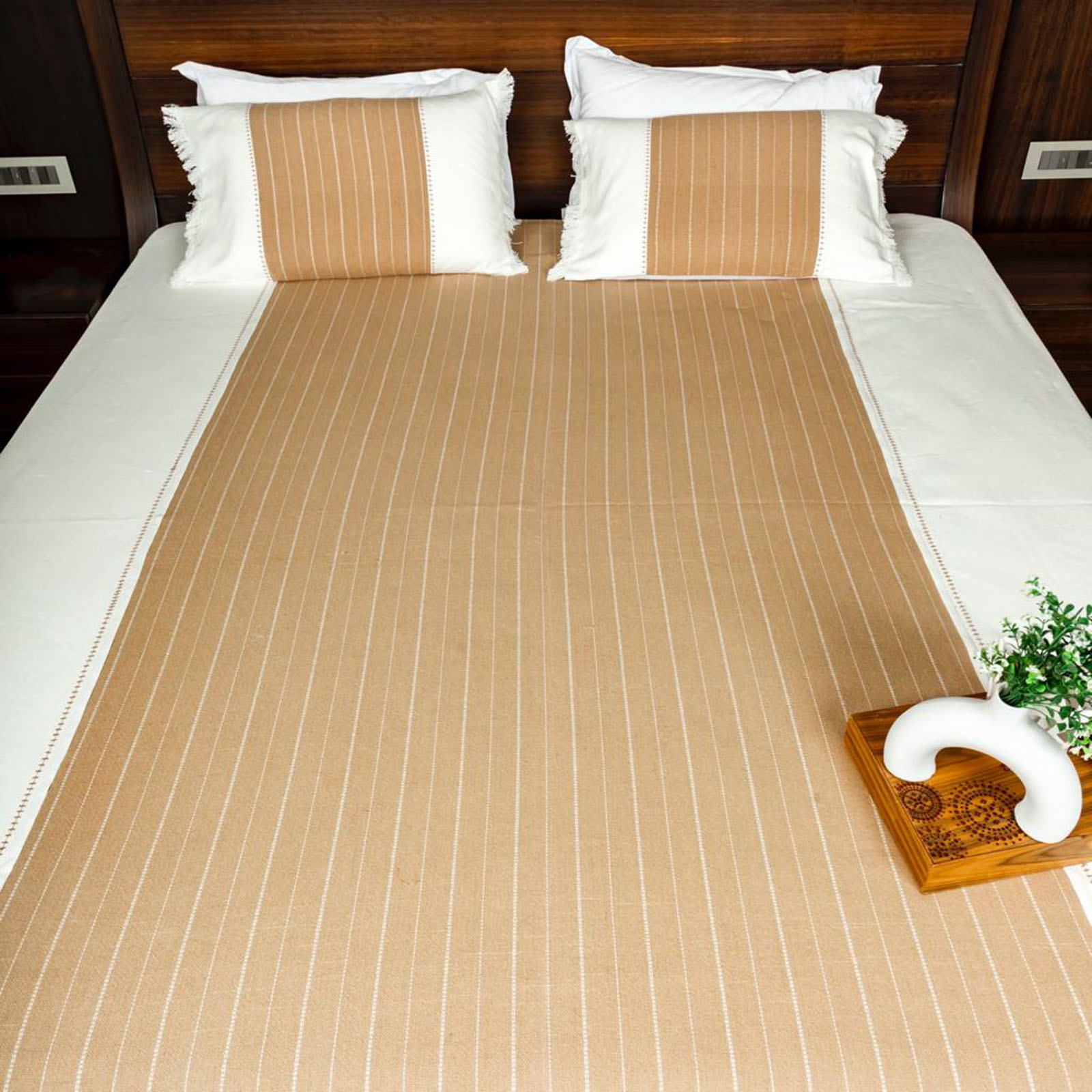 Luxurious Natural woven Embroidered Bed Cover EcruE